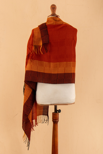 100% baby alpaca scarf, 'Huancayo Sunset' - Hand-Woven Striped Fringed Orange 100% Baby Alpaca Scarf