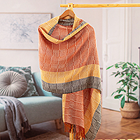 100% baby alpaca shawl, 'Deserts' - Hand-Woven Striped Orange and Yellow 100% Baby Alpaca Shawl