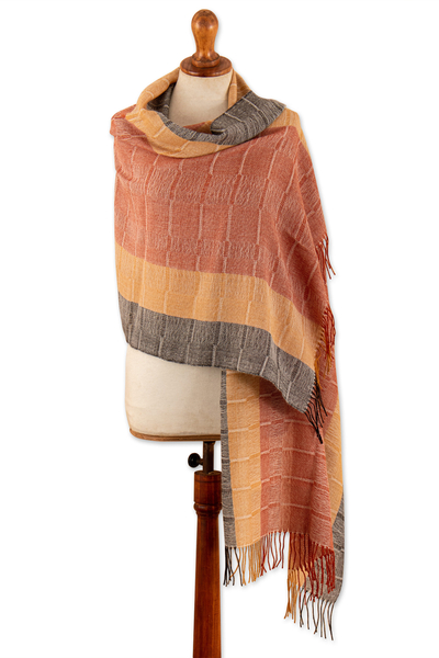 100% baby alpaca shawl, 'Deserts' - Hand-Woven Striped Orange and Yellow 100% Baby Alpaca Shawl