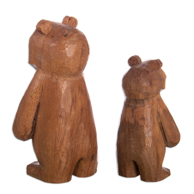 Wood sculptures, 'Forest Bears' (set of 2) - Hand-Carved Bear-Themed Mohena Wood Sculptures (Set of 2)