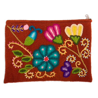 Embroidered wool cosmetic bag, 'The Pumpkin Eden' - Floral Embroidered Pumpkin Wool Cosmetic Bag from Peru
