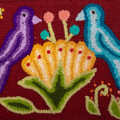 Neceser de lana bordado - Neceser de lana burdeos con temática de pájaros y flores
