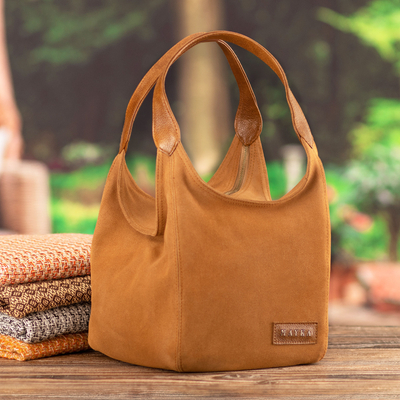 Leather-accented suede handbag, 'Miss Caramel' - Modern Leather-Accented Cube Suede Handbag in Caramel