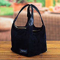 Leather-accented suede handle bag, 'Miss Midnight Blue' - Leather-Accented Cube Suede Handle Bag in Midnight Blue
