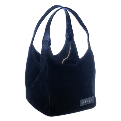 Leather-accented suede handle bag, 'Miss Midnight Blue' - Leather-Accented Cube Suede Handle Bag in Midnight Blue