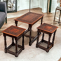 Mesas de madera y cuero, 'Regal Era' (Juego de 3) - Juego de 3 mesas clásicas de madera y cuero Tornillo hechas a mano