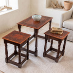 Wood and leather tables, 'Regal Era' (Set of 3) - Set of 3 Handmade Classic Tornillo Wood and Leather Tables
