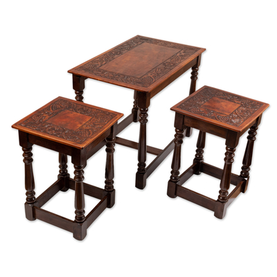 Wood and leather tables, 'Regal Era' (Set of 3) - Set of 3 Handmade Classic Tornillo Wood and Leather Tables