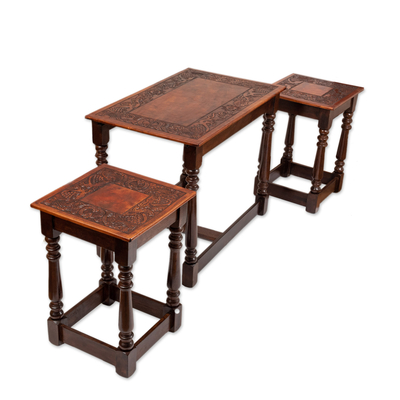 Tische aus Holz und Leder, (3er-Set) - Set aus 3 handgefertigten klassischen Tischen aus Tornillo-Holz und Leder