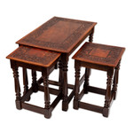 Wood and leather tables, 'Regal Era' (Set of 3) - Set of 3 Handmade Classic Tornillo Wood and Leather Tables