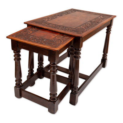 Tische aus Holz und Leder, (3er-Set) - Set aus 3 handgefertigten klassischen Tischen aus Tornillo-Holz und Leder