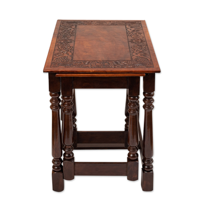Mesas de madera y cuero, (Juego de 3) - Juego de 3 mesas clásicas de madera y cuero Tornillo hecho a mano