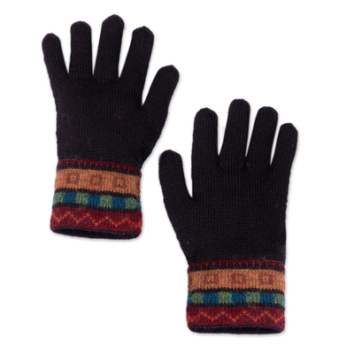 100% alpaca gloves, 'Memories of the Region' - Traditional Knit Striped 100% Alpaca Gloves in Warm Hues