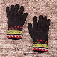 100% alpaca gloves, 'Memories of the Andes' - Traditional Knit Green and Red 100% Alpaca Gloves from Peru