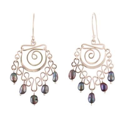 Cultured pearl chandelier earrings, 'Peacock Gala' - Sterling Silver Chandelier Earrings with Peacock Pearls