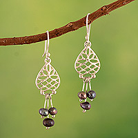 Cultured pearl dangle earrings, 'Peacock Leaves' - Sterling Silver Leafy Dangle Earrings with Peacock Pearls