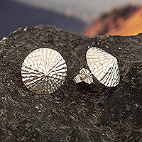 Sterling silver button earrings, 'Petite Radiance' - Modern Textured Sterling Silver Button Earrings from Peru