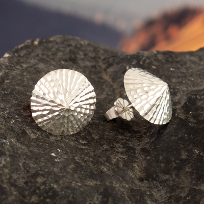 Sterling silver button earrings, 'Petite Radiance' - Modern Textured Sterling Silver Button Earrings from Peru