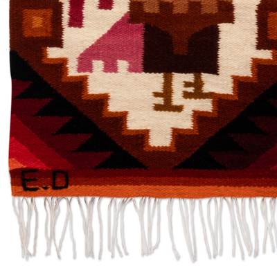 Tapiz de lana - Tapiz de lana con telar geométrico con temática de búho de Perú