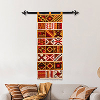 Tapiz de lana, 'Calendario del Inca II' - Tapiz de lana geométrico con telar de inspiración inca de Perú