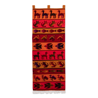 Wool tapestry, 'Origin and Fauna' - Animal-Themed Loomed Wool Tapestry in Red Hues