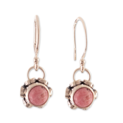 Rhodonite dangle earrings, 'Compassion Blossom' - Floral Sterling Silver Dangle Earrings with Pink Rhodonite