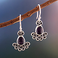 Amethyst dangle earrings, 'Wisdom Dew' - Classic Sterling Silver and Natural Amethyst Dangle Earrings