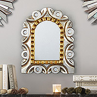 Gilded bronze and aluminum wood wall mirror, 'Window' - Window-Shaped Wood Wall Mirror with Bronze & Aluminum Leaf