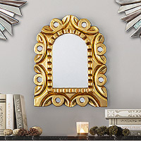 Gilded bronze wood wall mirror, 'Golden Window' - Window-Shaped Antique Gilded Bronze Wood Wall Mirror