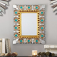 Reverse painted glass wall mirror, 'Marine Flair' - Reverse Painted Glass Wood Bronze Aluminum Leaf Wall Mirror