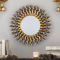 Gilded bronze and aluminum wood wall mirror, 'Setting Sun' - Sun-Themed Antique Gilded Bronze & Aluminum Wood Wall Mirror