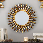 Gilded bronze and aluminum wood wall mirror, 'Setting Sun' - Sun-Themed Antique Gilded Bronze & Aluminum Wood Wall Mirror