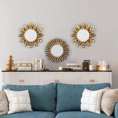 Gilded bronze and aluminum wood wall mirror, 'Setting Sun' - Sun-Themed Antique Gilded Bronze & Aluminum Wood Wall Mirror