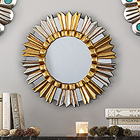 Gilded bronze and aluminum wood wall mirror, 'Golden Sunrise' - Antique Gilded Bronze & Aluminum Wood Sun Wall Mirror