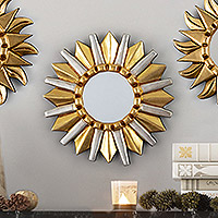 Espejo de pared de madera de aluminio y bronce dorado - Espejo de pared antiguo de madera con forma de estrella y hoja de bronce y aluminio