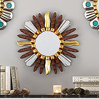 Gilded bronze and aluminum wood wall mirror, 'Brown Star' - Star-Inspired Wood Wall Mirror with Bronze & Aluminum Leaf