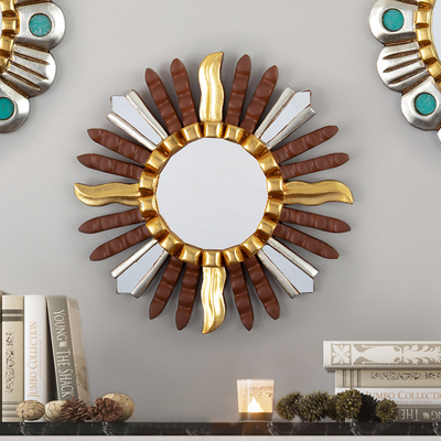 Gilded bronze and aluminium wood wall mirror, 'Brown Star' - Star-Inspired Wood Wall Mirror with Bronze & aluminium Leaf