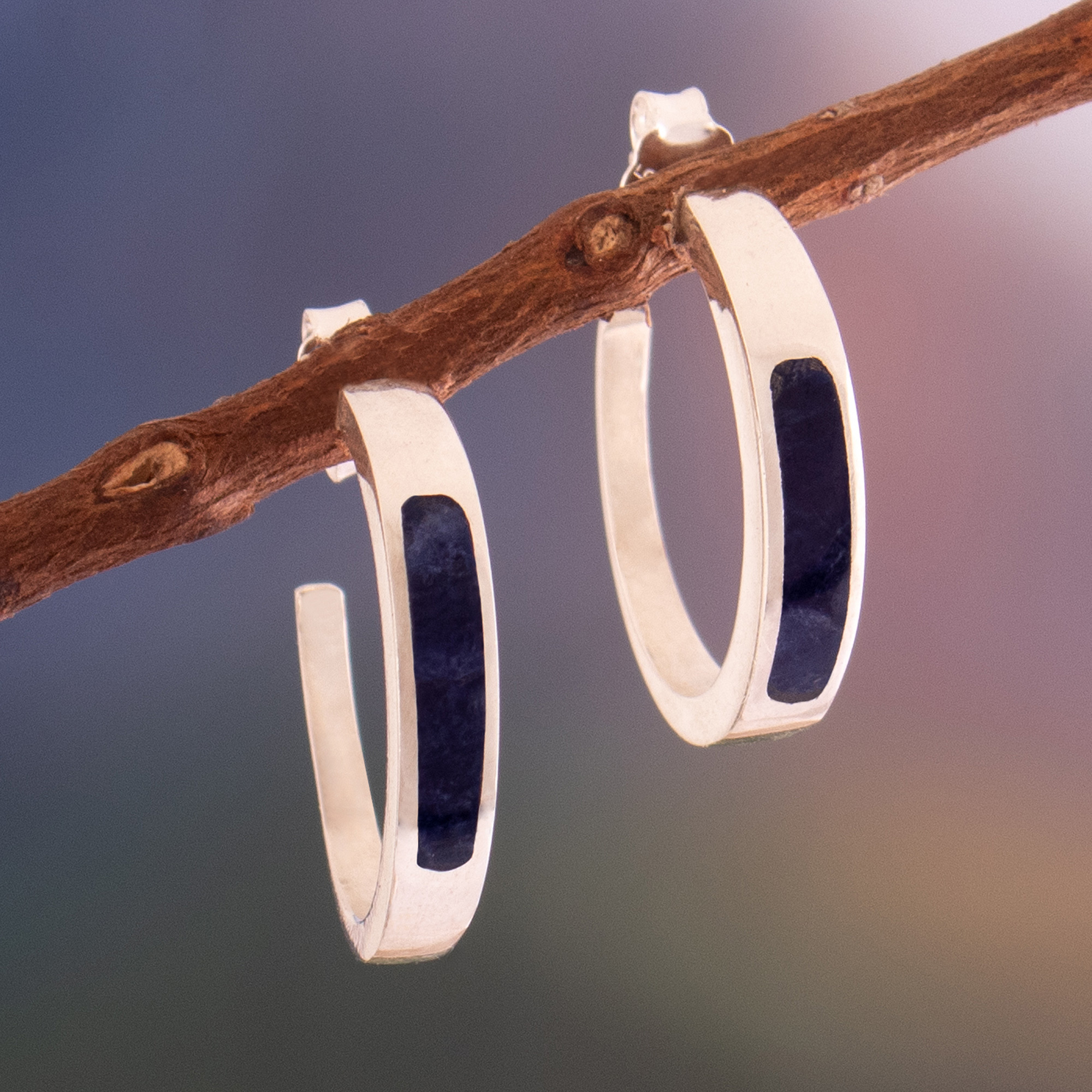 Silver Half-Hoop Earrings with Inlaid Sodalite Stone, 'Dual Enchantment'