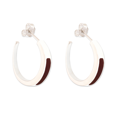 Jasper half-hoop earrings, 'Dual Enchantment' - Sterling Silver Half-Hoop Earrings with Inlaid Jasper Stone