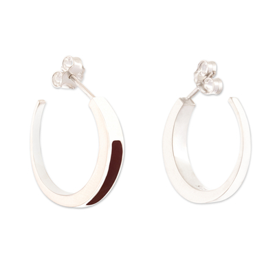 Jasper half-hoop earrings, 'Dual Enchantment' - Sterling Silver Half-Hoop Earrings with Inlaid Jasper Stone