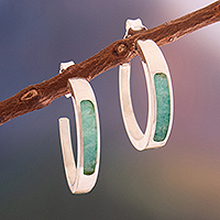 Amazonite half-hoop earrings, 'Dual Enchantment' - Sterling Silver Half-Hoop Earrings with Inlaid Amazonite Gem