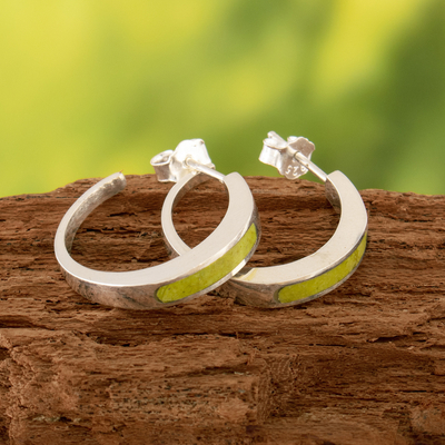 Serpentine half-hoop earrings, 'Dual Enchantment' - Silver Half-Hoop Earrings with Inlaid Serpentine Gem