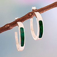 Chrysocolla half-hoop earrings, 'Dual Enchantment' - Silver Half-Hoop Earrings with Inlaid Chrysocolla Gemstone