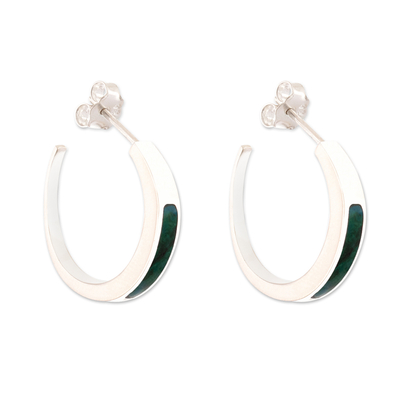 Chrysocolla half-hoop earrings, 'Dual Enchantment' - Silver Half-Hoop Earrings with Inlaid Chrysocolla Gemstone