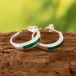 Chrysocolla half-hoop earrings, 'Dual Enchantment' - Silver Half-Hoop Earrings with Inlaid Chrysocolla Gemstone