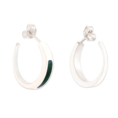 Chrysocolla half-hoop earrings, 'Dual Enchantment' - Silver Half-Hoop Earrings with Inlaid Chrysocolla Gemstone