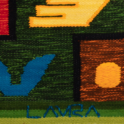Tapiz de lana - Tapiz de lana con flecos con temática de pájaros tejido a mano en Perú
