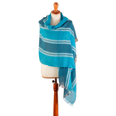 100% alpaca shawl, 'Cerulean Lagoon' - Loomed Striped Cerulean and Midnight 100% Alpaca Shawl