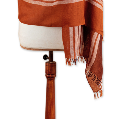 100% alpaca shawl, 'Striped Vibrancy' - 100% Alpaca Shawl in Orange & Brown with Stripes and Fringes