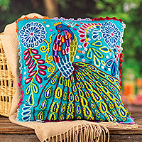 Embroidered cushion cover, 'Andean Royalty' - Peacock-Themed Cerulean Embroidered Cushion Cover